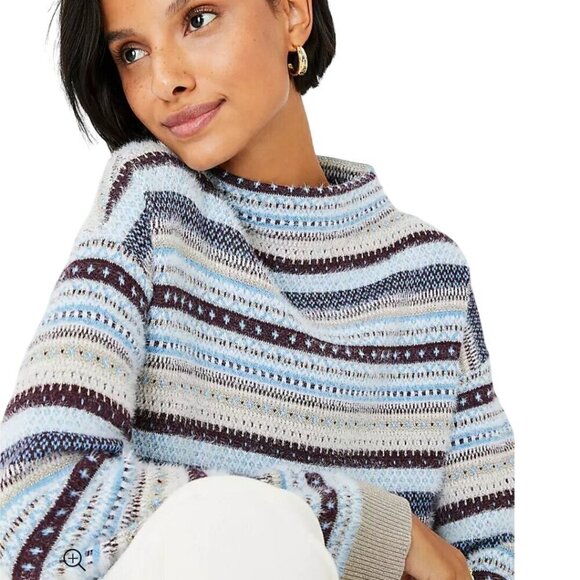 Ann Taylor Sparkle Fair Isle Funnel Neck Sweater Blue Silver Holiday Size S - Picture 5 of 9